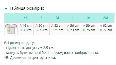 Таблица размеров NOXX