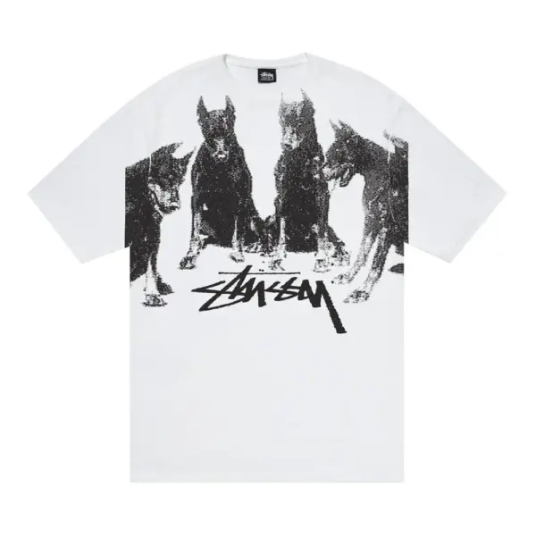 Noxx Чоловіча футболка з принтом Stussy Dobermans, Білий Noxx Чоловіча футболка з принтом Stussy Dobermans, Білий
