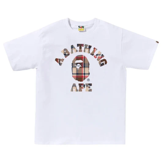 Noxx Чоловіча футболка з принтом Bape Check College, Білий Noxx Чоловіча футболка з принтом Bape Check College, Білий