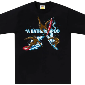 Noxx Чоловіча футболка з принтом Bape Surfing Apes, Чорний Noxx Чоловіча футболка з принтом Bape Surfing Apes, Чорний