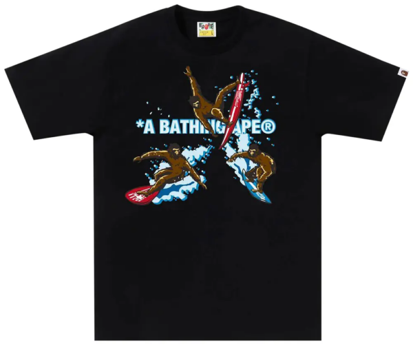Noxx Чоловіча футболка з принтом Bape Surfing Apes, Чорний Noxx Чоловіча футболка з принтом Bape Surfing Apes, Чорний