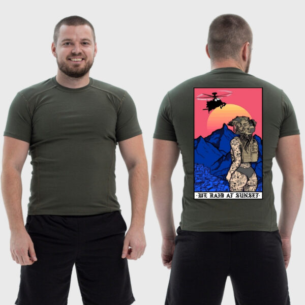 Мужская тактическая футболка Noxx в стиле милитари Sunset Goons девушка рейд на закате стекла вертолет, Хаки