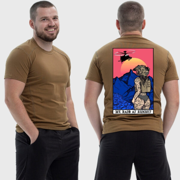 Мужская тактическая футболка Noxx в стиле милитари Sunset Goons девушка рейд на закате стекла вертолет, Койот