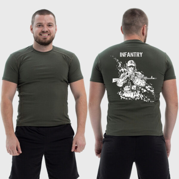 Мужская тактическая футболка Noxx в стиле милитари Infantry военный в балаклаве с автоматом, Хаки Мужская тактическая футболка Noxx в стиле милитари Infantry военный в балаклаве с автоматом, Хаки