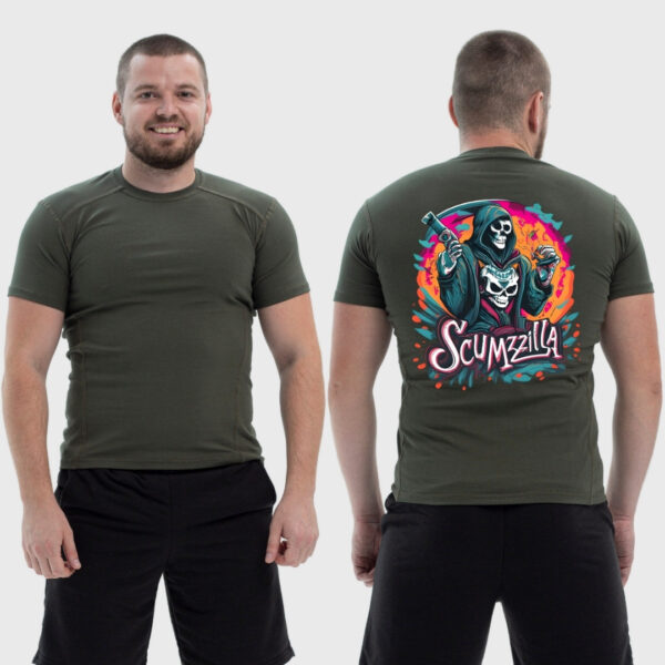 Мужская тактическая футболка Noxx в стиле милитари Scumzilla скелет в балахоне цветной арт, Хаки Мужская тактическая футболка Noxx в стиле милитари Scumzilla скелет в балахоне цветной арт, Хаки