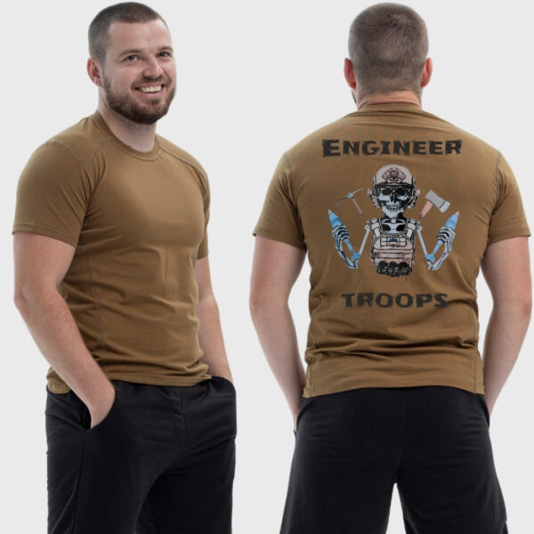 Мужская тактическая футболка Noxx в стиле милитари Engineer troops скелет с минами-трезубец флаг Украины, Койот Мужская тактическая футболка Noxx в стиле милитари Engineer troops скелет с минами-трезубец флаг Украины, Койот