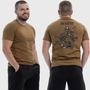 Мужская тактическая футболка Noxx в стиле милитари Infantry военный в балаклаве с автоматом, Койот Мужская тактическая футболка Noxx в стиле милитари Infantry военный в балаклаве с автоматом, Койот