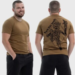 Мужская тактическая футболка Noxx в стиле милитари Fuck this death скелет показывает фак смерти, Койот Мужская тактическая футболка Noxx в стиле милитари Fuck this death скелет показывает фак смерти, Койот